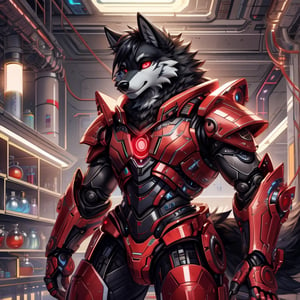 8k, masterpiece, anthro, male, wolf, solo, black fur, handsome, black short metallic hair, glowing red eyes, red optics, snout, wolf tail, black and red sci-fi armor, exoskeleton, fullbody, background: laboratory