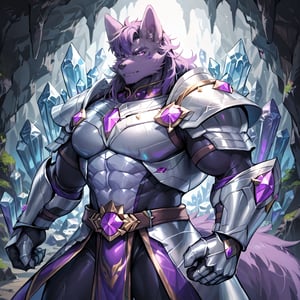 8k, masterpiece, anthro, male, solo, wolf, handsome, muscular, huge muscles, purple fur, short purple hair, glowing purple eyes, purple wolf ears, snout, purple wolf tail, fullbody, body shot, looking at viewer, crystal gauntlets, crystal armor, background: dark cave, amethyst, suurin, score_8_up