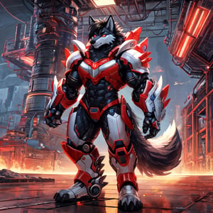 8k, masterpiece, anthro, male, wolf, tall, solo, black fur, handsome, black hair, glowing red eyes, red optics, bara, muscular, huge muscles, snout, mechanical wolf tail, black sci-fi armor, huge armored suit, exoskeleton, fullbody, background: facility