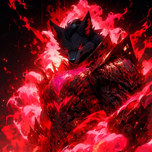 8k, masterpiece, anthro, male, solo, werewolf, black fur, handsome, bara, muscular, huge muscles, long black hair, red eyes, black sclera, wolf ears, snout, wolf tail, fullbody, looking at viewer, biomechanical armor, sci fi armor, mask, glowing, aura, dark background, r1ge, (violet theme:1.1), (pink theme: 1.1), (red theme: 1.1)