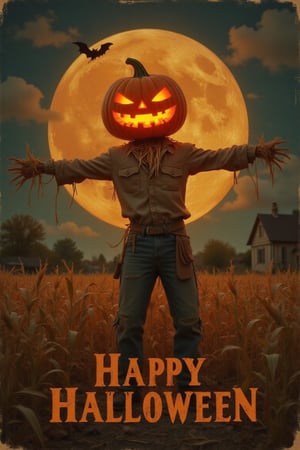 2D, vintage postcard, "HAPPY HALLOWEEN", illustration of a scarecrow standing amidst a corn field, celebrating Halloween. The scarecrow wears a tattered hat and old clothes, with a pumpkin head featuring a scary grin. The scene is set in a rural landscape, with a full of moon casting an eerie glow over the field. Warm lighting highlights the scarecrow's rustic details and the festive atmosphere. The composition is dynamic, with the scarecrow slightly off-center, capturing the charm and spookiness of Halloween. 