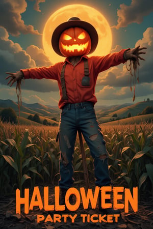 2D, Text "HALLOWEEN PARTY TICKET", An illustration of a creepy yet playful Halloween scarecrow with a glowing pumpkin head. The scarecrow wears a wide-brimmed hat, a red shirt, and tattered jeans, standing proudly in a corn field under a glowing full moon. Its carved face has an evil grin, and its eyes shine with mischief. The scene is set against a backdrop of rolling hills, a sky filled with dramatic clouds, capturing both the eerie and festive atmosphere of Halloween,