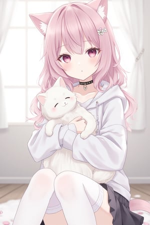 1girl, solo, looking at viewer, blush, bangs, skirt, hair ornament, thighhighs, long sleeves, animal ears, jewelry, sitting, collarbone, tail, pink hair, braid, flower, ahoge, earrings, parted lips, choker, pointy ears, indoors, virtual youtuber, cat ears, hood, pink eyes, white thighhighs, cat tail, animal ear fluff, sleeves past wrists, petals, window, hoodie, feet out of frame, animal, cat, hood down, x hair ornament, > <, cat girl, knees up, extra ears, holding animal, white hoodie, animal hug