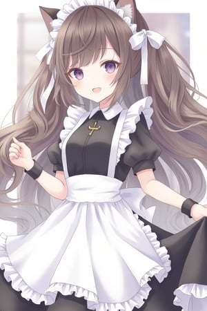 1girl, solo, long hair, looking at viewer, blush, smile, open mouth, bangs, blue eyes, brown hair, black hair, dress, bow, ribbon, holding, animal ears, twintails, very long hair, purple eyes, hair ribbon, short sleeves, :d, frills, puffy sleeves, cat ears, blurry, apron, black dress, collar, puffy short sleeves, animal ear fluff, maid, maid headdress, cross, white bow, waist apron, white apron, frilled apron, skirt hold, black collar, holding hair, latin cross