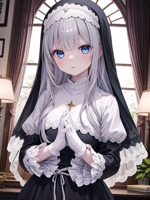 1girl, solo, long hair, looking at viewer, bangs, blue eyes, gloves, long sleeves, dress, jewelry, very long hair, closed mouth, upper body, grey hair, frills, parted lips, puffy sleeves, indoors, wide sleeves, star \(symbol\), black dress, book, wavy hair, own hands together, crescent, veil, lace trim, interlocked fingers, lace, nun, own hands clasped, habit, book stack, lace-trimmed sleeves, lace gloves