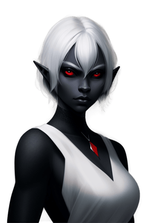 Drow elf, concept art, realistic,super_short ears, full white dress, black colored skin, white hair, red eyes,Fantasyart_6.0