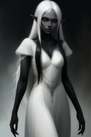 Drow elf, concept art, realistic,short ears, full white dress, black colored skin, white hair, red eyes,Fantasyart_6.0, long hair