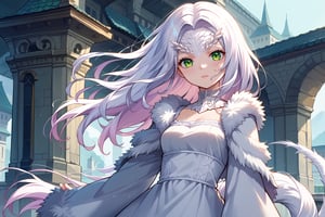 crossbreedpriscilla,dragon girl,white fur,green eyes,slit pupils,tail,fur trim,white dress,long sleeves, score_9,score_8_up,score_7_up,source_anime,