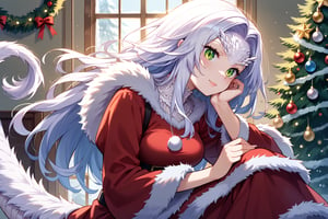 crossbreedpriscilla,dragon girl,white fur,green eyes,slit pupils,tail,fur trim,Christmas dress,long sleeves, score_9,score_8_up,score_7_up,