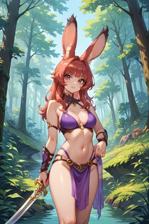 Viera fencer sexy, standing in forest,score_9,score_8_up,score_7_up,source_anime, holding thin sword in one hand, purple bikini armor, purple see-through loincloth