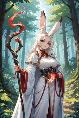 Viera whitemage sexy, standing in forest,score_9,score_8_up,score_7_up,source_anime, holding magic staff in one hand, white robes with red accents