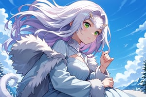 crossbreedpriscilla,dragon girl,white fur,green eyes,slit pupils,tail,fur trim,white dress,long sleeves, score_9,score_8_up,score_7_up,source_anime,