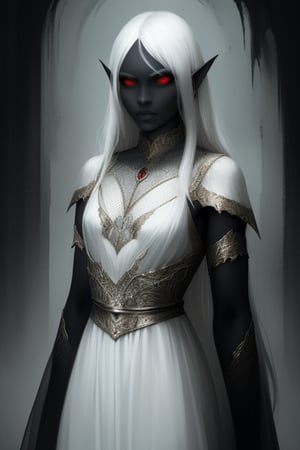 Drow elf, concept art, realistic,super_short ears, full white dress, black colored skin, white hair, red eyes,Fantasyart_6.0, long hair