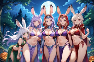 4 Viera redmage sexy,score_9,score_8_up,score_7_up,source_anime, 4 girls, (one wearing red skimpy robes), (one wearing green skimpy robes), (one wearing purple bikini armor with a purple loincloth), (one wearing white sexy robes), in spooky forest at night, nighttime,