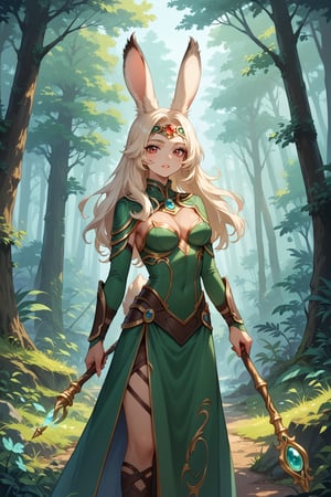 Viera greenmage sexy, standing in forest,score_9,score_8_up,score_7_up,source_anime, holding magic staff