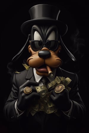 editorial, front view, cartoon, alpha male, Pluto as a mad business man with a suit and rings and sunglasses counting money and a cigar in his mouth and a hat on his head, angry face black background, detailed oilpainting