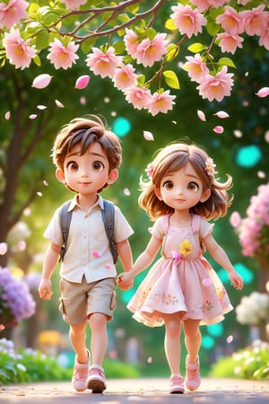 Summer style, portrait style, flower petals falling, flowers blooming, Two happy and cute lovely little girl and boy, looking at the world go by, high definition, pixar style, white background, full body , flowers blooming and lamps lignting bokeh as background Summer style, realistic high quality, leaves falling, big eyes so cute and beautiful, under the tree have a table,  and beautiful flowers, leaves falling, Turn around and look viewers , pink flowers blooming fantastic amazing and romantic lighting bokeh, yellow flowers blooming realistic and green plants amazing tale and lighting and candys full the bucket, as background,Movie Still, chibi 