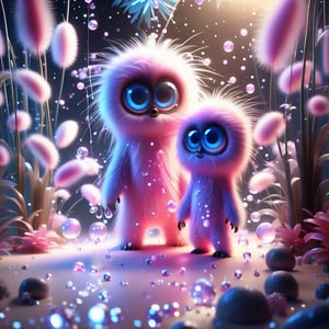 surreal, two absolutely cute fluffy (pink.blue.lilac) furry creatures playing (with little magic pearls), white sand, sea, garland of lanterns, water, big eyes, glitter, gentle evening in the tropics, shells with pearls, transparency, fractals of light, sumi-e Midjourney, palm trees, flowers, octane render, fairy tale, bokeh, neon lines + lumens, fireflies, mother-of-pearl highlights, realism, hyperization, hdr