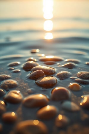 A tranquil seascape: A macro shot of golden pebbles scattered across the surface of calm waters, gentle ripples radiating outward from the center, warm sunlight casting a soft glow, and a subtle focus on the stones' intricate details.