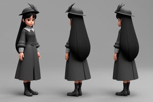 A 3D rendered scene featuring a Victorian-era inspired setting with a gray background. A black-haired girl, elegantly dressed in attire reminiscent of the era, is showcased from three distinct angles: front, back, and side.

In the frontal view, she stands confidently with her gaze direct, her long black hair styled neatly beneath a ornate hat adorned with feathers and lace. Her Victorian-inspired dress flows smoothly around her ankles, cinched at the waist by a delicate belt.

From the rear, her flowing locks cascade down her back, framing her slender figure as she turns slightly to reveal the intricate details of her dress's corseted bodice. The side view showcases her profile, highlighting the soft curves of her face and the delicate features of her nose and lips.

Throughout the composition, the simple volumes and clean lines emphasize the stylized quality of the 3D rendering, inviting the viewer to step into this captivating Victorian-inspired world.