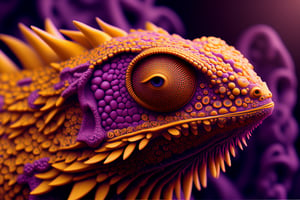 Intricate fantasy animal chameleon   detail, award winnig photography, intricate details, 8k, colors yellow and purple ,Intricate ,Add more detail,perfect light,