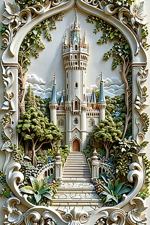 A meticulously crafted 3D artwork of a majestic tower surrounded by intricate details. The tower is surrounded by lush greenery, including trees and bushes, and there's a pathway leading to its entrance. The entire artwork exudes a sense of fantasy and fairy tale.