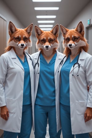 masterpiece, 8k, HDR, best quality, (highly detailed skin), photography, analog style, real life, extremely beautiful, (highly detailed, intricately detailed), (alluring eyes), three foxes doctors standing together in medical scrubs, each with a white lab coat, blue shirt, glasses, shirt, pants, at the entrance of a hospital. Photograph taken with Canon EOS R3. realism, photorealistic, 