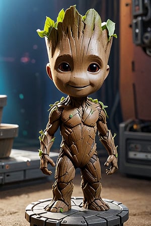 Generate a photorealistic full body portrait of (Baby Groot:1.4) (from Guardians of The Galaxy:1.3). BREAK cute smile, looking at the viewer, (extreme realism:1.4), award-winning photo, sharp focus, detailed, intricate,art_booster