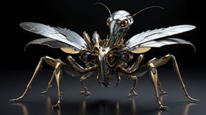 Hyper-realistic 3D render of a robot mantiss made entirely of shiny ceramic sitting on a black glass surface. Sleek, reflective surface covering the entire body. Intricate details of Insectoid anatomy preserved in the metallic structure. Segmented armor plates clearly defined,  polished and reflective. Curved surfaces creating distorted reflections of the environment. Wings spread, showcasing flexible metal segments,more detail XL