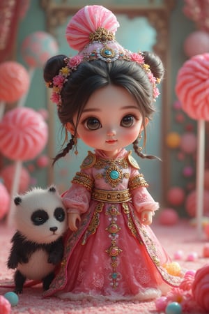 In a vibrant candy world, a intricately detailed Vietnamese doll-like girl stands confidently surrounded by swirling lollipops and gumdrops within an indoor big villa. Her majestic panda companion, also adorned with intricate armor and regal attire, stands by her side as they prepare to face the ominous dark forces in an epic battle.