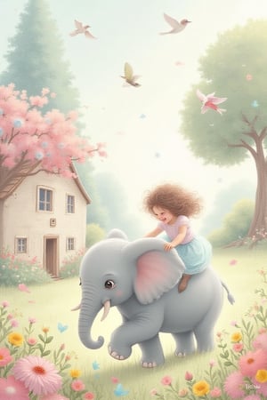 Whimsical digital artwork in Catrin Welz-Stein's style, featuring a playful elephant with soft pastel colors. A child or small companion joyfully rides the elephant, surrounded by blooming flowers, colorful birds, and fantasy-like trees with oversized leaves. A quaint cottage sits in the background, creating a dreamy, serene scene. The composition is minimal and light, radiating joy and innocence through delicate, storybook elements.