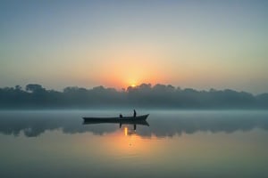 The image depicts a serene scene set at what appears to be either dawn or dusk, given the presence of a large, orange-hued sun near the horizon. The sky is a gradient of colors, with a soft peach tone near the sun that blends into a muted blue above and a pale green below. A solitary figure stands in a small boat on calm water, which mirrors the sky's colors and the silhouette of the trees on its surface. The trees, with their dark silhouettes, are reflected in the water, suggesting a tranquil, still environment. The overall mood conveyed by the image is one of peaceful solitude and the quiet beauty of nature.