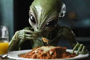 alien is eating lasagne