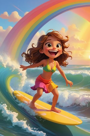 As the sun dips below the horizon, Blissful Brushstrokes introduces a funny cartoony character rolling on rainbows in a jubilant display of joy. The rainbow rhapsody art style paints the scene with vibrant, playful colors, creating a whimsical atmosphere. The cartoon fantasy realism level allows for delightful exaggerations, making the character appear as if they are surfing on waves of color. Warm, colorful sunset hues enhance the character's bubbly nature, turning this moment into a joyful celebration of cartoonish bliss.     