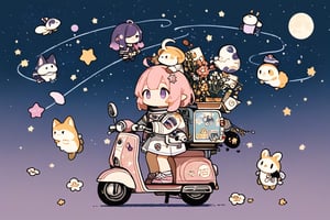 (chibi),fairy tale illustrations,Perfect sky, moon and shooting stars,moon on face, pagan style graffiti art, girl riding a scooter, hippy van, veichle focus, motor vehicle, Flower,(☆ // purple gradient background),)Star mark hanging on a string:1.2),
 BREAK
 top quality, sharp detail, oversaturated, detailed and complex, original work, trendy, vintage, award winning, artint,artint,starry sky,Anime girl,astronaut_flowers,seseeeh