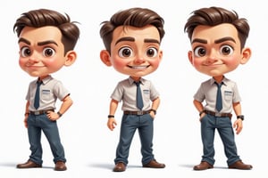 Masterpiece, high quality, 3D animation, a chibi man who is an AI trainer, looks cool and professional, happy face, confident poses, sheet, multiple views, full boby.