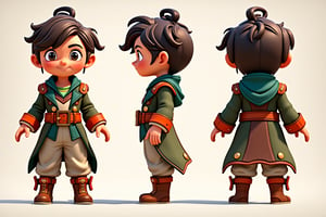 Beauty, 3D render, play of shadow and light. Cute cartoon boy , Disney style, steampunk, character sheet, front view, half-side view, half-back view
