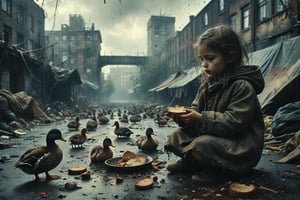 (((homeless little girl dressed in rags feeds a duck animal with bread))), ((morning dystopian military base with huge puddle background)), high detail, 8k, masterpiece, realistic photo, sci-fi, fantastical, intricate detail, complementary colors, sci-fi concept art, (in the style of Hans Heysen and Carne Griffiths), (Neil Blomkamp style), shot on Canon EOS 5D Mark IV DSLR, 85mm lens, long exposure time, f/8, ISO 100, shutter speed 1/125, award winning photograph, facing camera, perfect contrast, cinematic style