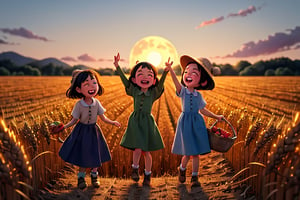 A warm sunset glows behind of 3 SING Girls, their faces aglow with joy and laughter as they celebrate the bounty of the harvest. The full moon rises high in the sky, casting a silver glow over the rustic landscape. Baskets overflowing with golden wheat and ripe fruits are scattered at their feet.