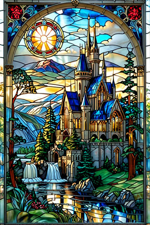 A stunning stained glass artwork of a majestic castle or cathedral situated amidst a serene landscape. The castle features intricate designs, with gothic arches, colorful stained glass windows, and ornate detailing. The surrounding environment is lush, with tall trees, flowing waterfalls, and a calm river. The colors used in the artwork are vibrant, with shades of blue, green, red, and gold dominating the scene. The castle's architecture is complemented by the natural beauty of the landscape, creating a harmonious and enchanting scene.