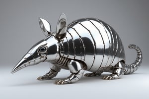 
"Hyper-realistic 3D render of an armadillo made entirely of mirror-polished metal. Sleek, reflective surface covering the entire body. Intricate details of armadillo anatomy preserved in the metallic structure.
Segmented armor plates clearly defined, each a perfect mirror. Curved surfaces creating distorted reflections of the environment. Tail coiled slightly, showcasing flexible metal segments.
Head features pointed snout and small, round ears, all in the same polished metal. Eyes represented by slightly darker, smoky glass orbs.
Legs and claws intricately crafted in jointed metal pieces, maintaining natural armadillo pose.
Lighting: studio setting with multiple light sources to maximize reflections and highlights. Soft box reflections visible on the creature's surface.
Background: gradient from light to dark grey, emphasizing the metallic subject.