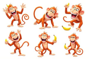 A vibrant caricature of a monkey with a wide smile revealing exaggeratedly teeth, holding a banana in his hand. The scene with bold, exaggerated features and playful, cartoonish style. pose lively and expressive.  sheet. multiple views. expressive poses