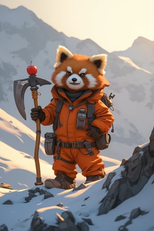 a fluppy, cute fur panda stands confidently with a bold stance, gripping an ice-axe in one hand and apple in the other. wearing cute alpinist suit. The framing of the shot showcases her strong profile, with the tool-wielding arms outstretched to either side. A warm golden light illuminates her determined expression, casting long shadows across the rugged terrain. In the background, misty mountains rise like giants, underscoring his fierce determination