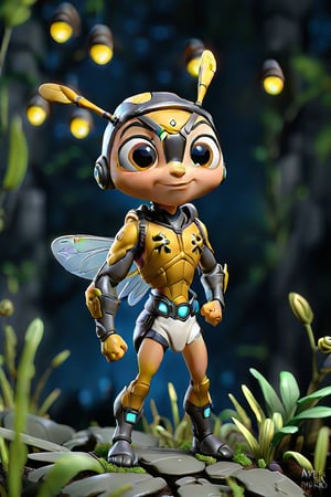 the chibi bee, skinny tiny superhero, insect-human hybrid, microscopic hero pose, in a overgrown ruin grassland at night, armor, fireflies, depth of field, sharp focus, sub surface scattering, glow, dust, particles, micro, macro