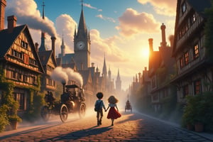 A whimsical townscape unfolds as a boy and girl, hands clasped together, stroll side-by-side through the misty streets. Steeples and clock towers rise from the cobblestone roads, where steam-powered carriages rattle by, their hissing pipes spewing wisps of vapor. The sun casts a warm glow, illuminating intricately detailed buildings with copper accents and wispy smoke curls rising from chimneys. A low-angle view captures the sense of adventure as the pair explores this fantastical world, where gears and cogs meet ancient magic.Anime Ghibli Style