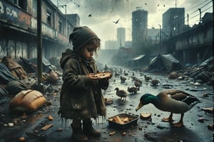 (((homeless little girl dressed in rags feeds a duck animal with bread))), ((morning dystopian military base with huge puddle background)), high detail, 8k, masterpiece, realistic photo, sci-fi, fantastical, intricate detail, complementary colors, sci-fi concept art, (in the style of Hans Heysen and Carne Griffiths), (Neil Blomkamp style), shot on Canon EOS 5D Mark IV DSLR, 85mm lens, long exposure time, f/8, ISO 100, shutter speed 1/125, award winning photograph, facing camera, perfect contrast, cinematic style