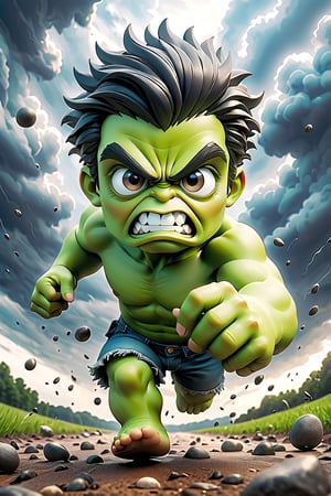 The incredible chibi pixar style Hulk in the middle of the open field, worried and running away from a tornado behind, black clouds, photorealistic, cute, hdr, shaded, lens, focus on the chibi, lighting, hyper-detailed, filigree, big round eyes detailed, detailed , lovely, Jean Baptiste Monk, Carol Buck, Tyler Edlin, Perfect Composition, Beautifully Detailed, Trending on Artstation, 8K Fine Art Photography, Photorealistic Conceptual Art, Volumetric Cinematic Perfect Light, Natural Brightness and Contrasts, Chiaroscuro, Award-Winning Photography, masterpieces, digital art, rafael, caravaggio, greg rutkowski, belle, bexinski, giger, children's fairy tale style, bright and vivid colors without saturation.