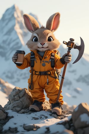 a fluppy, cute fur rabbit stands confidently with a bold stance, gripping an ice-axe in one hand and coffee in the other. wearing cute alpinist suit. The framing of the shot showcases her strong profile, with the tool-wielding arms outstretched to either side. A warm golden light illuminates her determined expression, casting long shadows across the rugged terrain. In the background, misty mountains rise like giants, underscoring his fierce determination