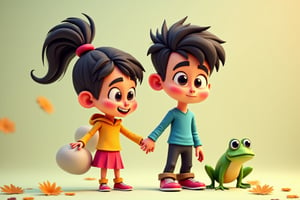 Create an art style image, exaggerated super chibi boy and girl. They should have  dynamic poses. Include chibi boy and frog. He is taller than her.  3D cartoon art