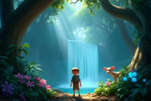 A young explorer stands at the edge of an otherworldly forest, surrounded by towering trees with iridescent bark and leaves that shimmer like jewels. The air is thick with the sweet scent of exotic flowers as a gentle mist rises from the base of a crystal-clear waterfall. In the distance, a peculiar beast with glowing blue eyes watches the adventurer's every move. To their left, a massive vine drapes down the trunk of a tree, its tendrils curled around strange, bioluminescent pods.